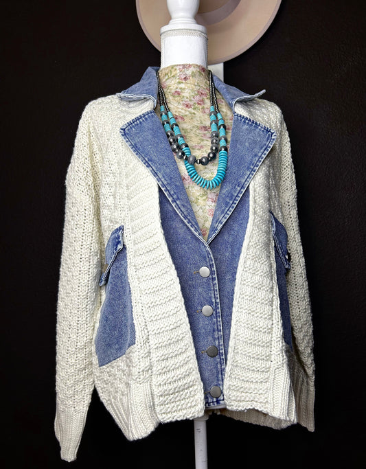 Crochet and denim trim cardigan
