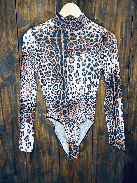 Cheetah Print Mesh Long Sleeve Bodysuit